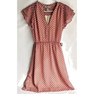 H&M Red Ivory Pattern Short Sleeve Cinched Waist Dress Women’s Size 4